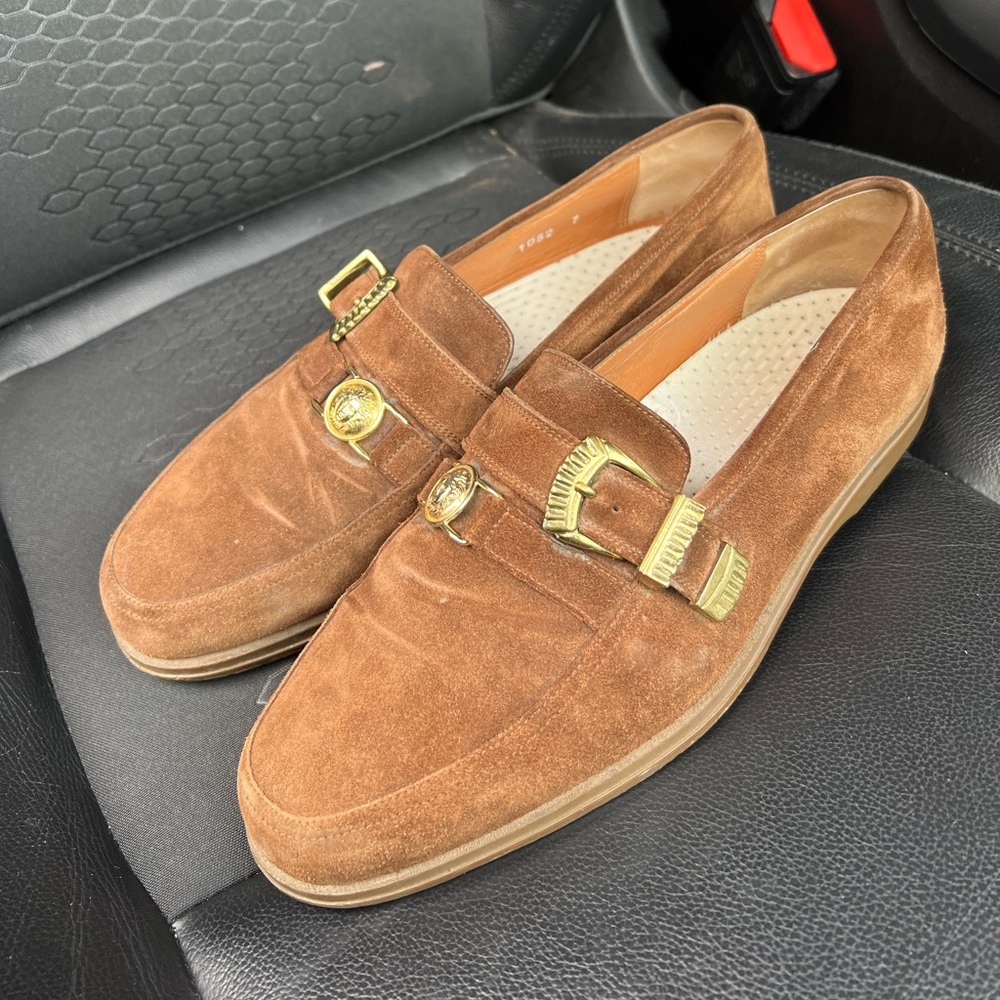Vintage Versace Suede Brown Loafers with Gold Hardware